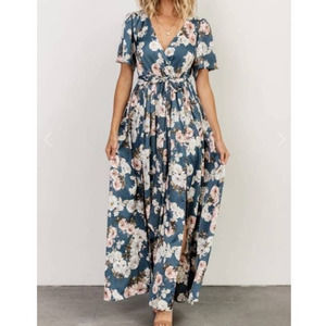 Baltic Born NEW Maxi Dress Womens Large Dusty Blue Floral Belted Faux Wrap Long